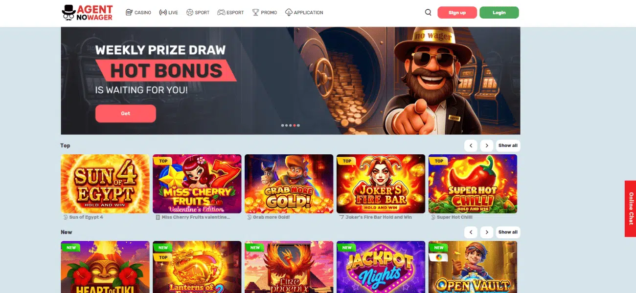 Agent noWager Casino main page