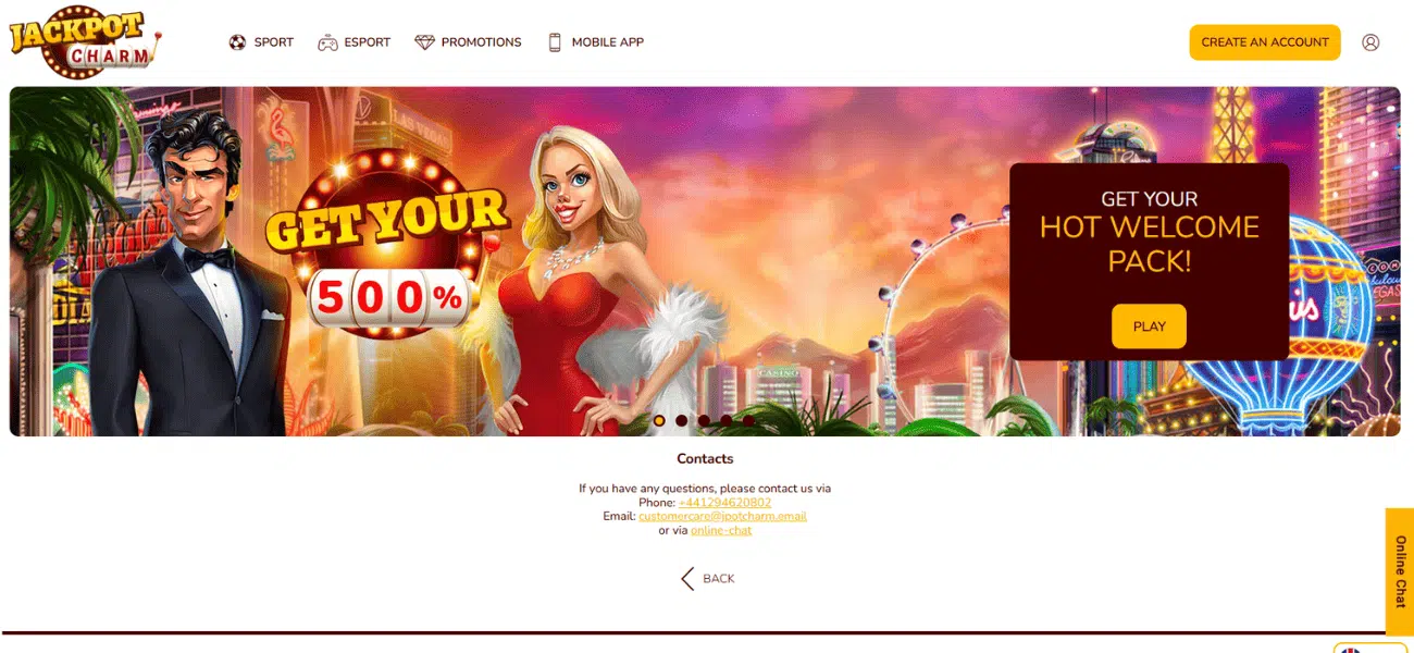 Jackpot Charm Casino contact page