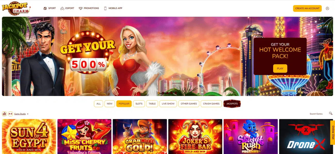 Jackpot Charm Casino homepage