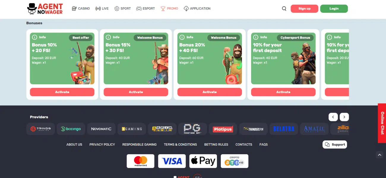 bonuses at Agent noWager Casino