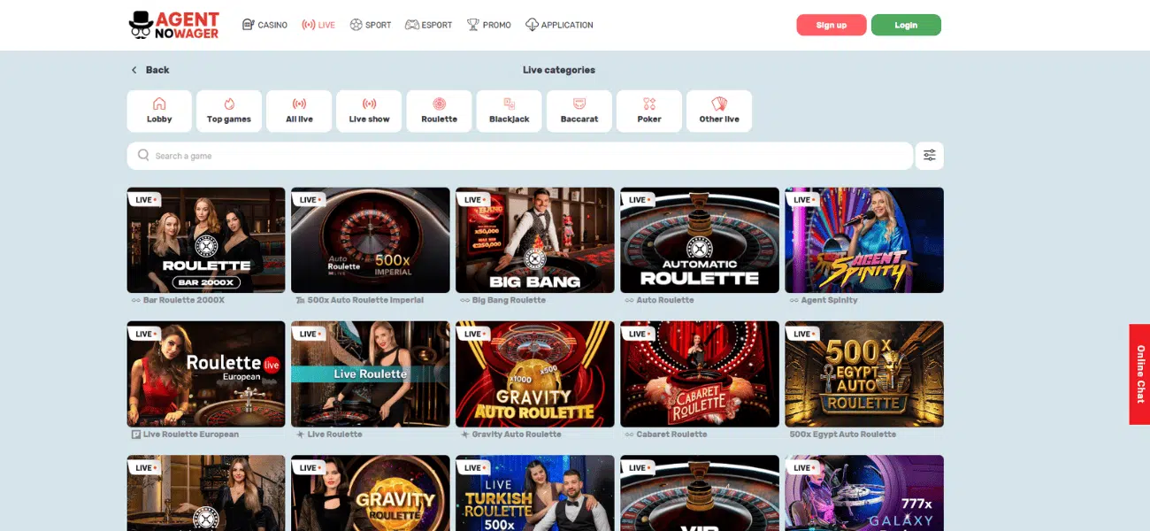 live casino at Agent noWager Casino