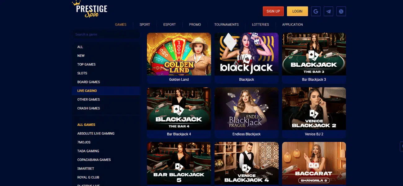 prestige spin live casino